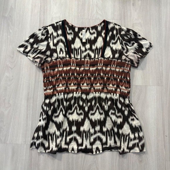 L.A. Blues Tops - L.A. Blues Blouse Women Ikat Print Smocked Waist Black White Rust Boho Blouse L